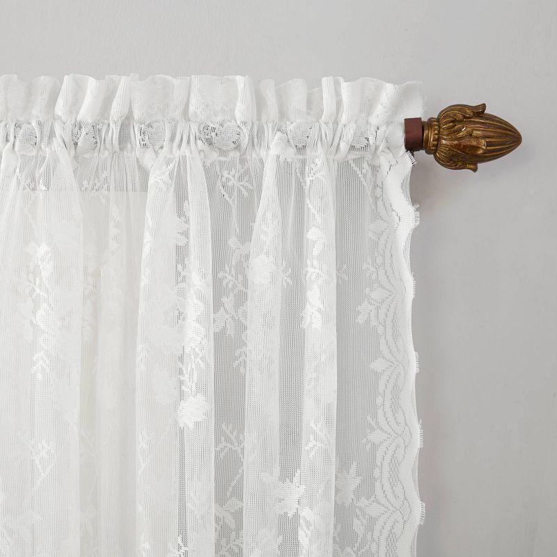 White Floral Lace Sheer Rod Pocket Kitchen Curtain Tier Pair