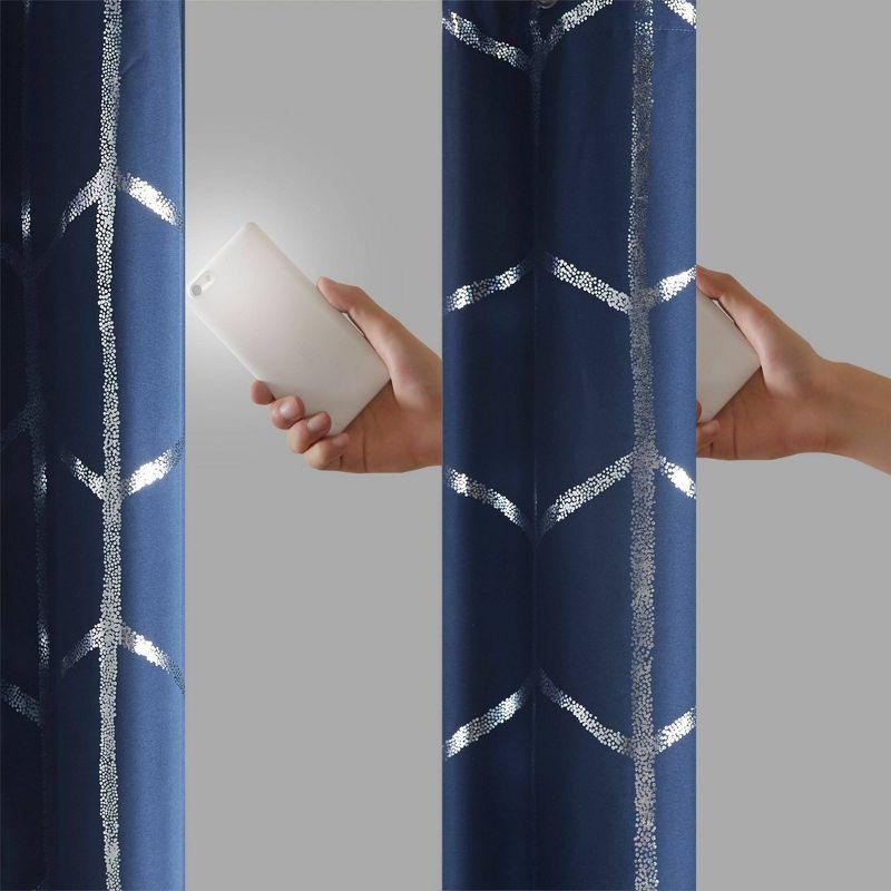 63"x50" Arielle Total Blackout Metallic Printed Curtain Panel Navy: Intelligent Design, Geometric Grommet Top, Energy Efficient