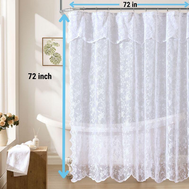 HLC.ME Harper Lace Shower Curtain for Bathroom with Floral Vine Design and Attached Valance – Elegant Victorian Classic Style - White, 72 W x 84 L