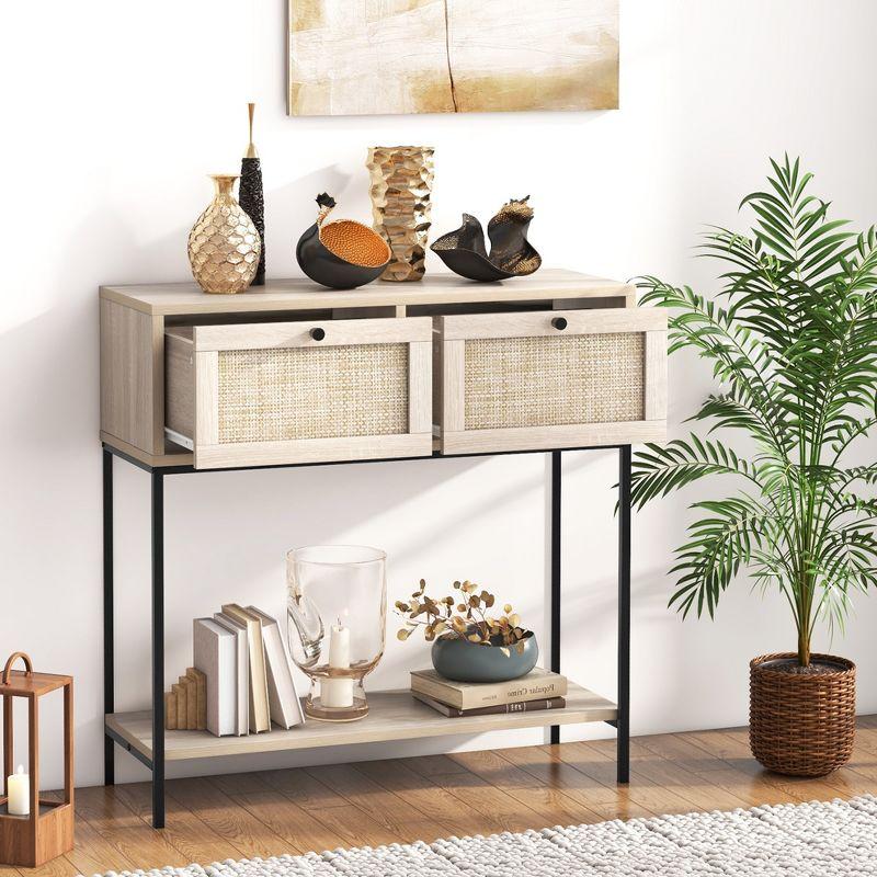 Tangkula Console Table Entryway Table Long Sofa Side Table w/ Open Shelf & Rattan Drawers