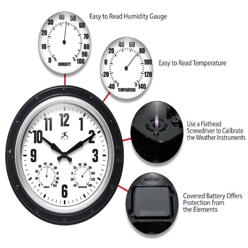 16" Forecaster Wall Clock Silver - Infinity Instruments: Modern Analog, Outdoor Use, Thermometer Feature