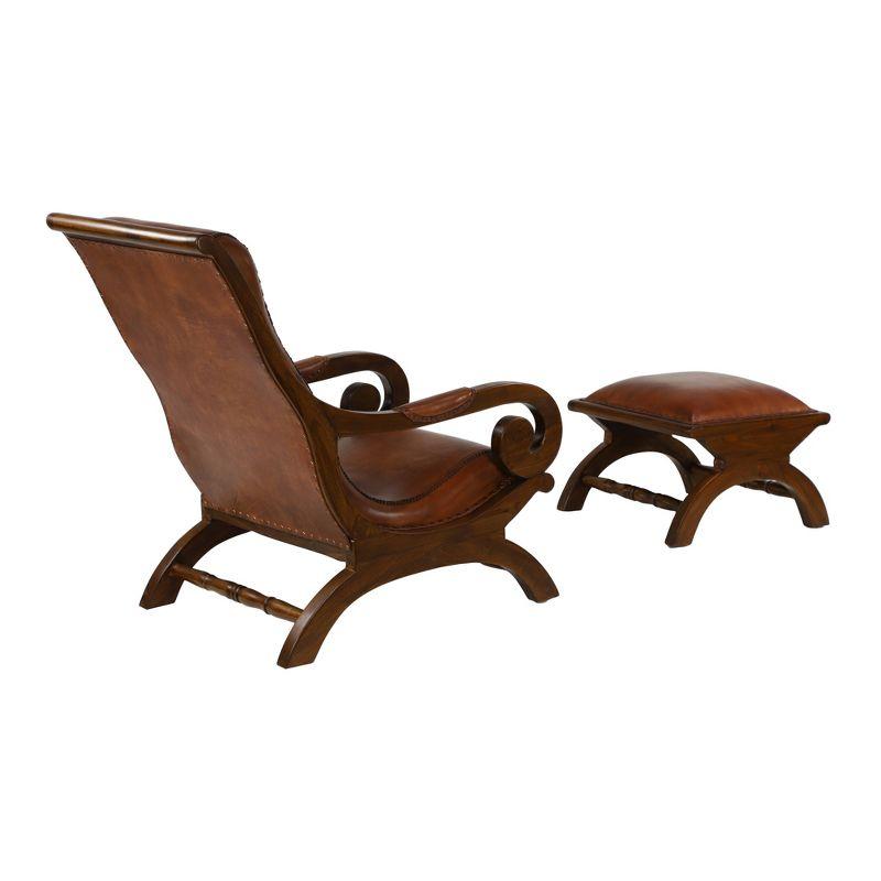 Traditional Teak Wood Accent Chair with Arms and Ottoman Brown - Olivia & May: Leather Upholstered, No Assembly Required