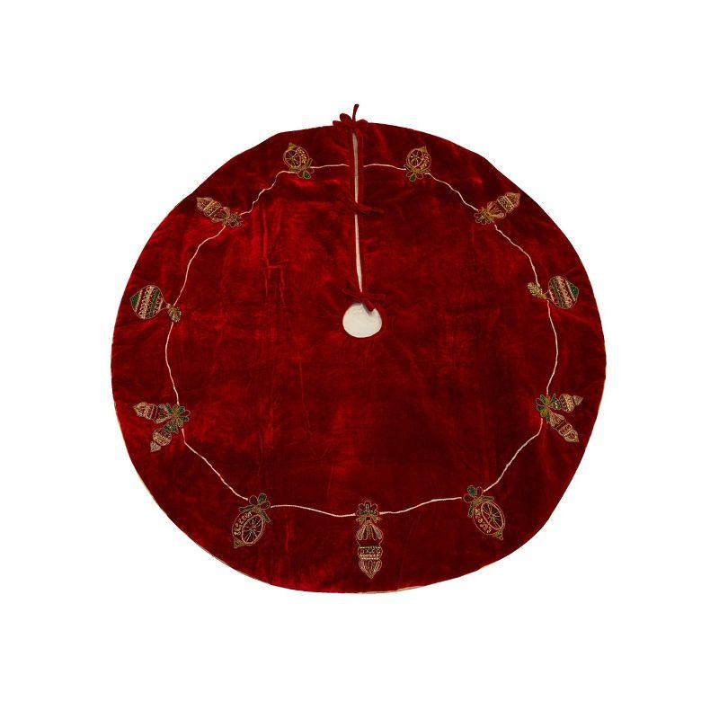 52-Inch Red Velvet Christmas Tree Skirt with Ornament Bead Design