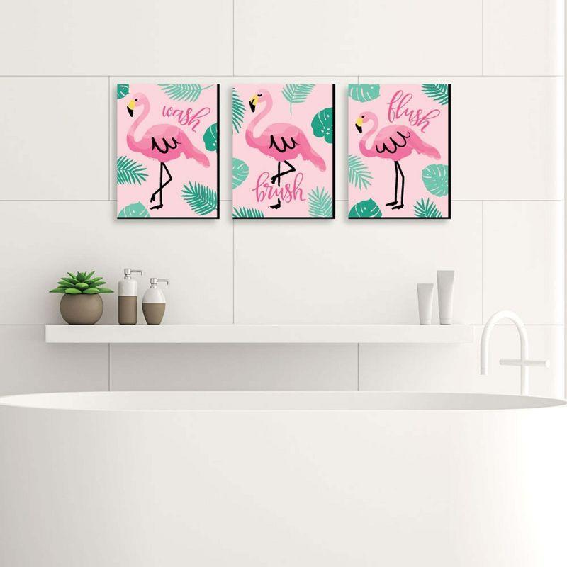 Big Dot of Happiness Pink Flamingo - Kids Bathroom Rules Wall Art - 7.5 x 10 inches - Set of 3 Signs - Wash, Brush, Flush