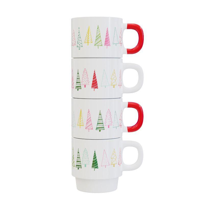 American Atelier Christmas Ceramic Mug & Rack Set - 4 Cups & Standing Metal Rack for Kitchen Countertop, Tabletop, Island, or Café Display, 14 oz