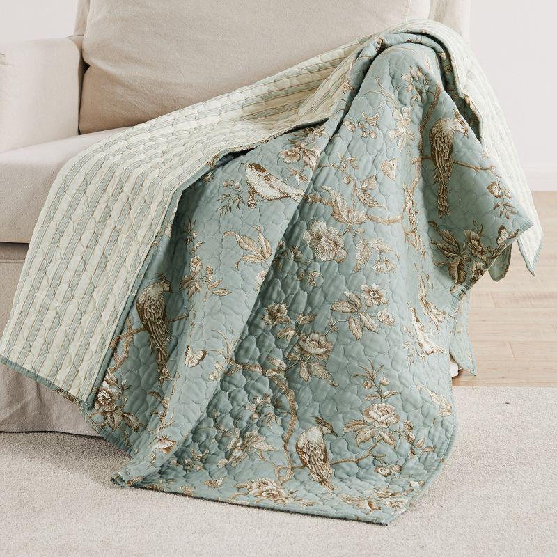 Teal and Cream Floral Quilted Cotton Reversible Throw