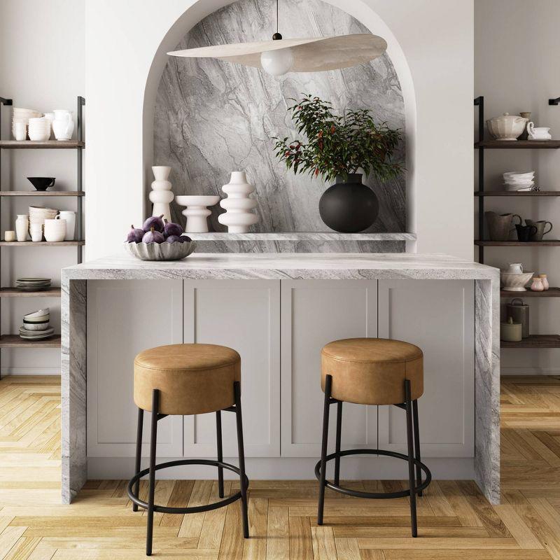 Light Brown Faux Leather Backless Counter Stools with Black Metal Frame