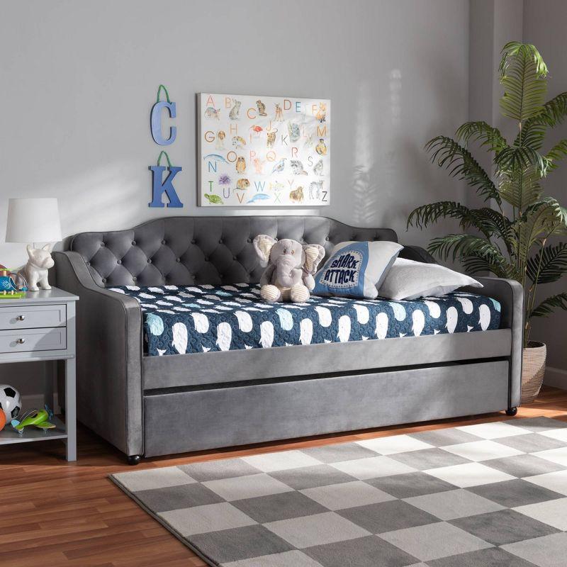 Twin Freda Velvet Fabric Upholstered Button Tufted Daybed with Trundle Gray - Baxton Studio: Mid-Century Modern, No Box Spring Required