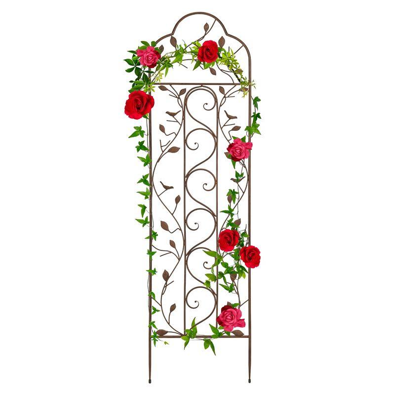 Bronze Iron Arched Garden Trellis with Bird and Branch Design