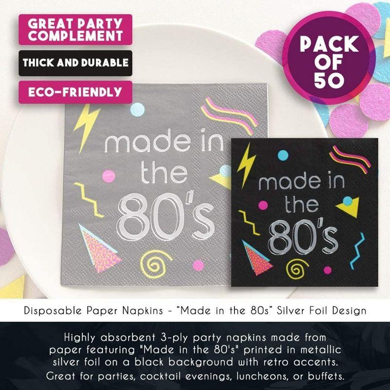 Juvale 80s Cocktail Napkins - 50-Pack Made in the 80s in Silver Foil Disposable Napkins, Black