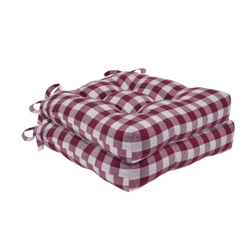 Kate Aurora Set of 2 Country Farmhouse Plaid Stain/Water Resistant Chair Cushions - Burgundy