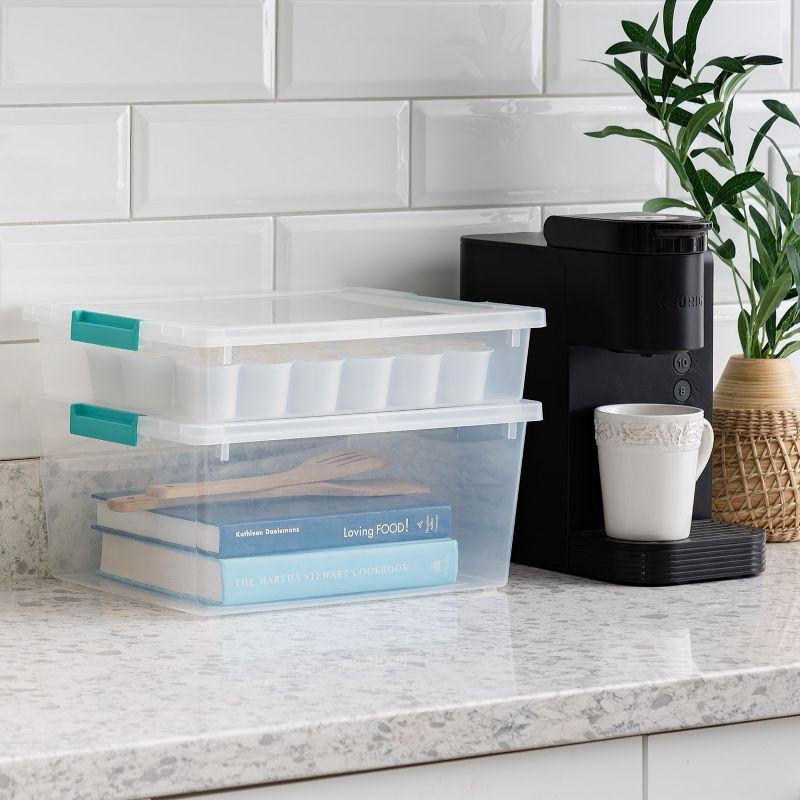 IRIS USA 12 Qt. Large Deep Clip Box, 4 Pack, Clear Plastic Storage Container Bins with Latching Lids, Seafoam Blue Buckles