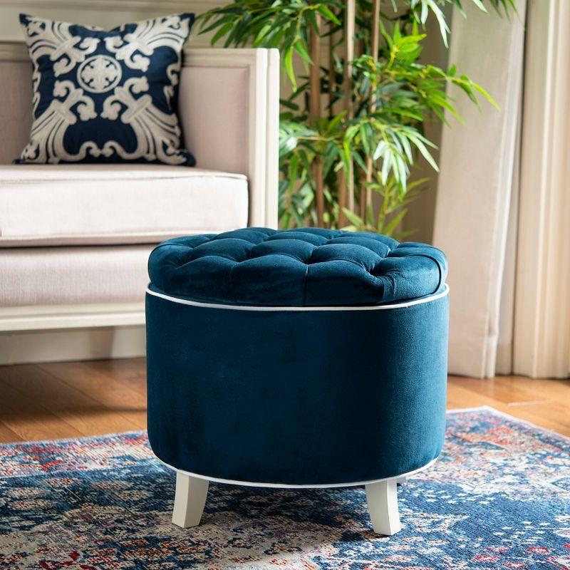 Transitional Black Tufted Round Storage Ottoman with Oak Legs