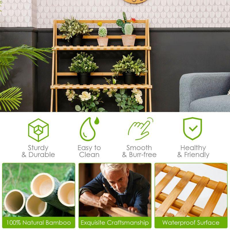 Costway Bamboo Ladder Plant Stand 3-Tier Foldable Flower Pot Display Shelf Rack Natural