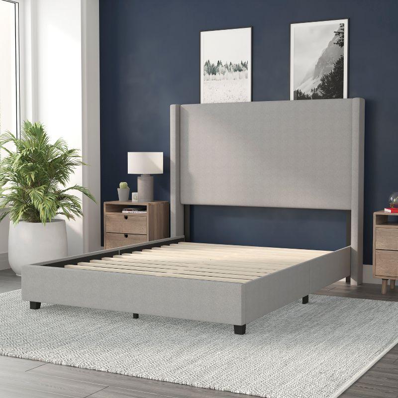 Flash Furniture Quinn Queen Upholstered Platform Bed with Channel Stitched Wingback Headboard, No Box Spring Needed, Gray
