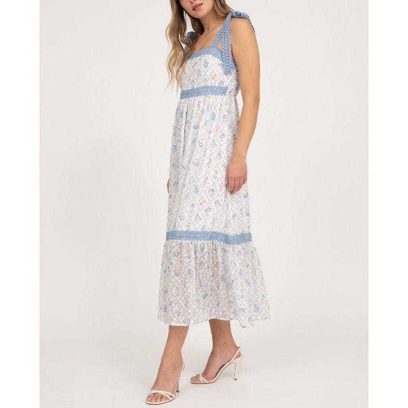 August Sky Women's Sleeveless Lace Trim Floral Midi Dress, Blue Multi, Small