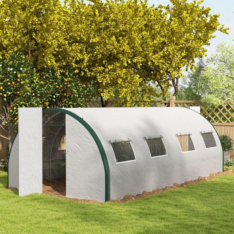 Outsunny Walk-in Tunnel Greenhouse with Hinged Doors, Mesh Windows, Upgraded Gardening Plant Warm House Tent