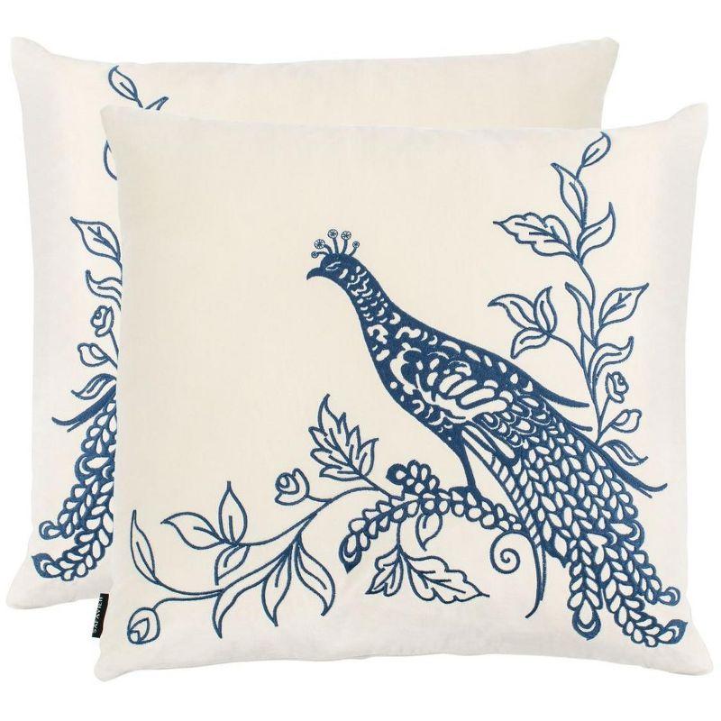 Boho-Chic Cream and Blue Peacock Decorative Pillow Set