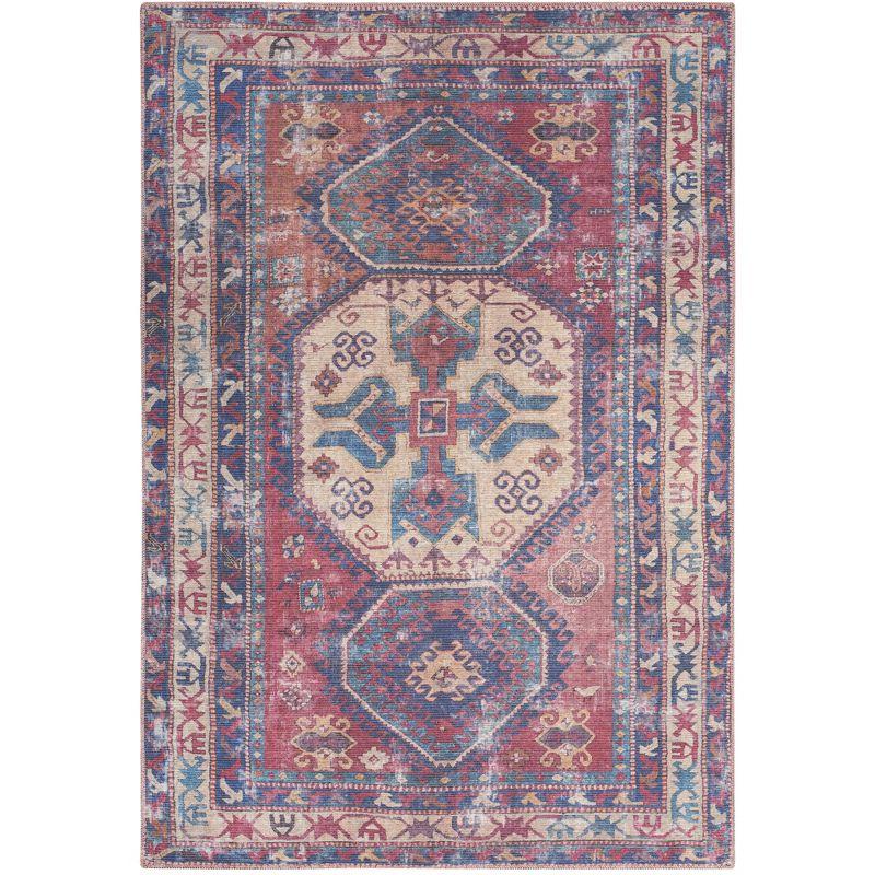 Machine Washable Southwestern Navy/Muted Red/Beige Area Rug