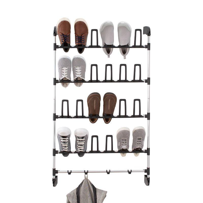 Organize It All Overdoor 12 Pair Shoe Rack with 4 Accessory Hooks: Metal Frame Shoe & Hat Organizer, Door Storage Solution