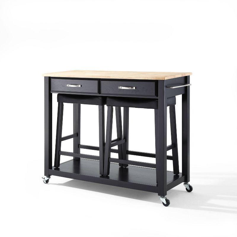 Wood Top Kitchen Prep Cart with 2 Upholstered Saddle Stools Black - Crosley: Mobile Island, Storage, Towel Bar