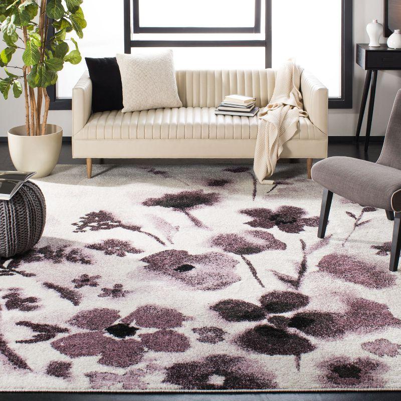 Ivory and Purple Floral Square Synthetic Area Rug