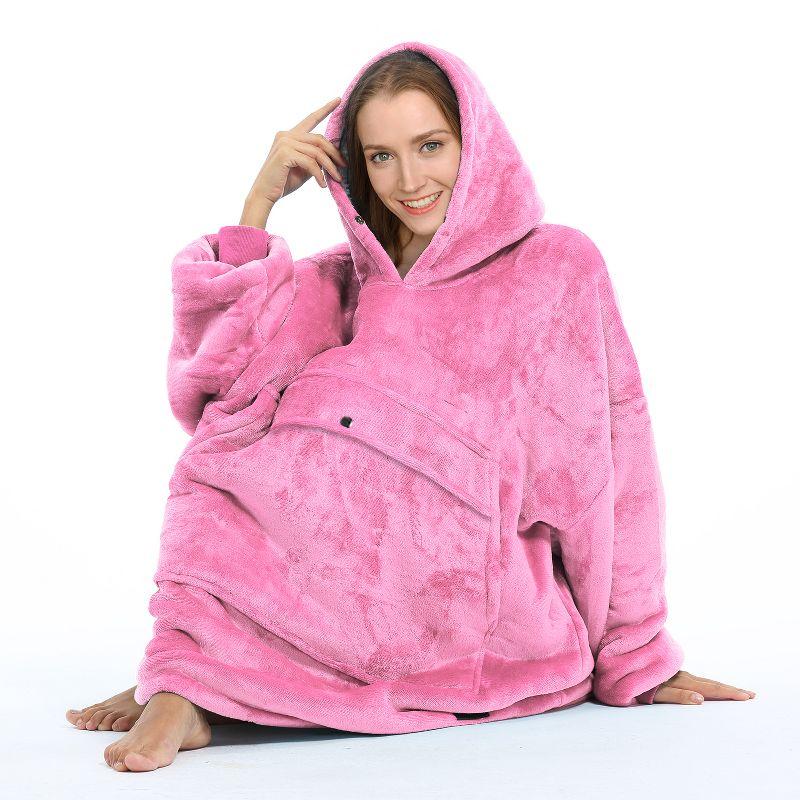 Solaris Women Flannel Blanket Hoodie Oversized Sweatshirt, Wearable Fleece Blanket Woman, Christmas Gift for Her, Hot Pink