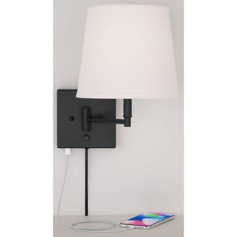 360 Lighting Lanett Modern Swing Arm Wall Lamps Set of 2 Black Plug-in Light Fixture with USB Charging Port White Lamp Shade for Bedroom Living Room
