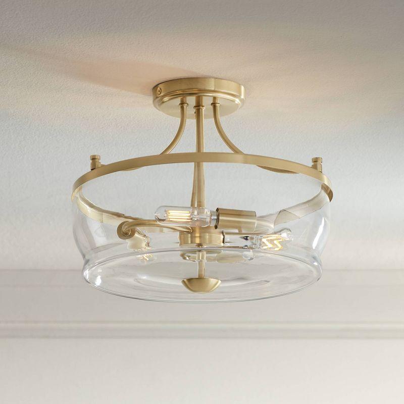 Possini Euro Design Alia Modern Ceiling Light Semi Flush Mount Fixture 14" Wide Warm Brass 3-Light Clear Glass Shade for Bedroom Living Room Hallway