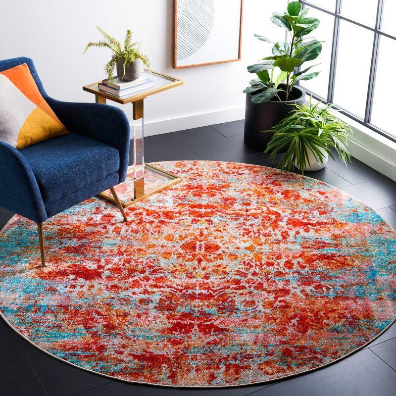 Red and Light Blue Round Washable Synthetic Area Rug