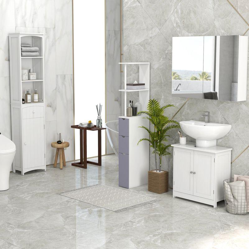 HOMCOM 67" Tall Bathroom Storage Cabinet, Freestanding Linen Tower with 3-Tier Shelf, Drawer and Cupboard, Narrow Side Floor Organizer, White