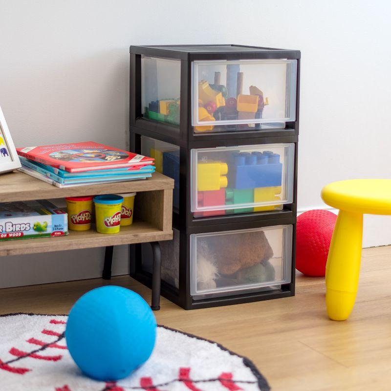 Sleek Black 14.5Qt Stackable Plastic Storage Drawers, Set of 3