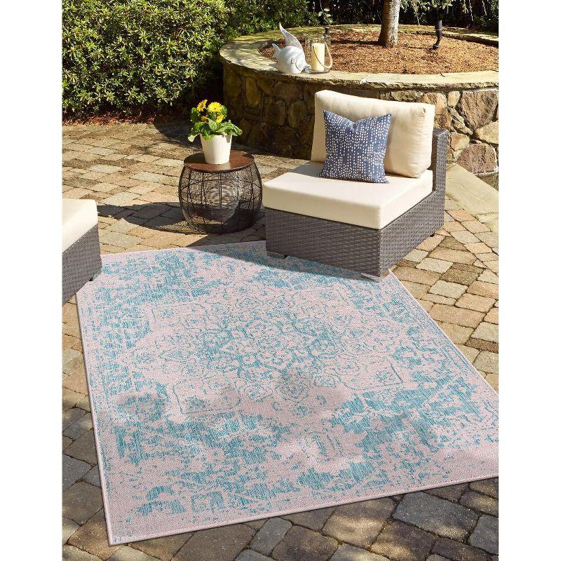 Aqua and Pink Medallion 9' x 12' Outdoor Rectangular Rug