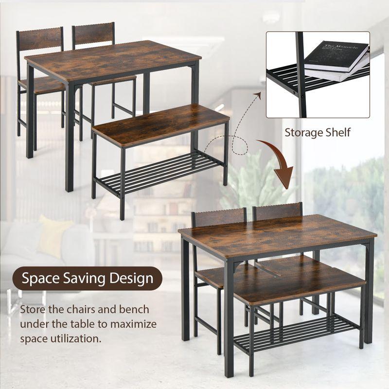 Costway Dining Table Set for 4 Rectangular Table with 2 Chairs, 1 Bench, Storage Racks Rustic Brown/Grey