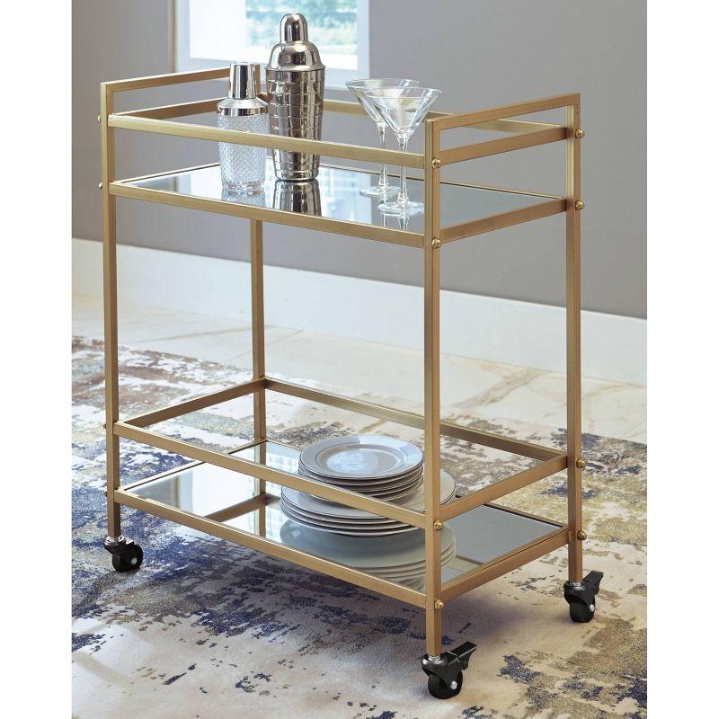 Signature Design by Ashley Kailman Bar Cart Gold Finish: Modern Mirrored Glass Beverage & Cocktail Cart with Locking Casters