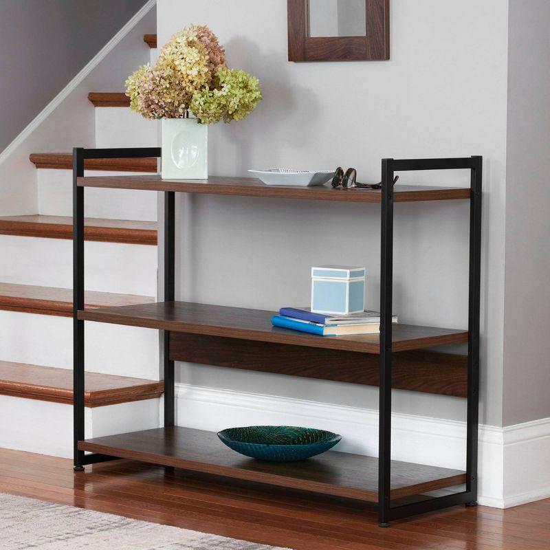 Household Essentials 32.5" Jamestown Wide 3 Shelf Bookshelf Walnut: Faux Wood, Iron Frame, Low Profile