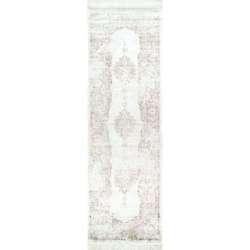 Ivory Medallion Viscose Runner Rug with Fringe, 2' 8" x 8'