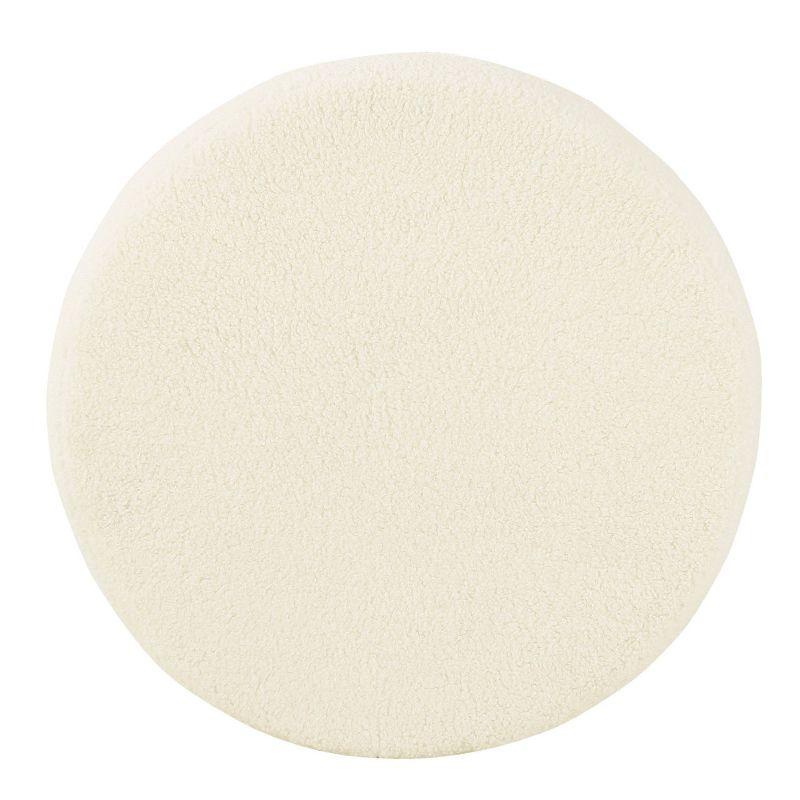 Cream Faux Sheepskin Round Storage Ottoman with Flared Wood Legs