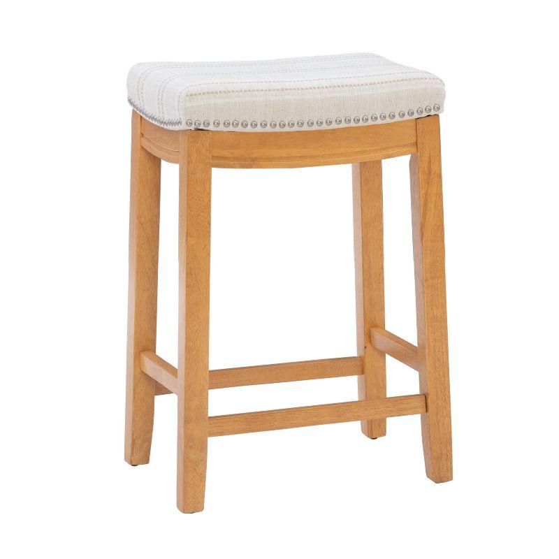 Natural Wood Backless Saddle Counter Stool with Striped Linen Seat