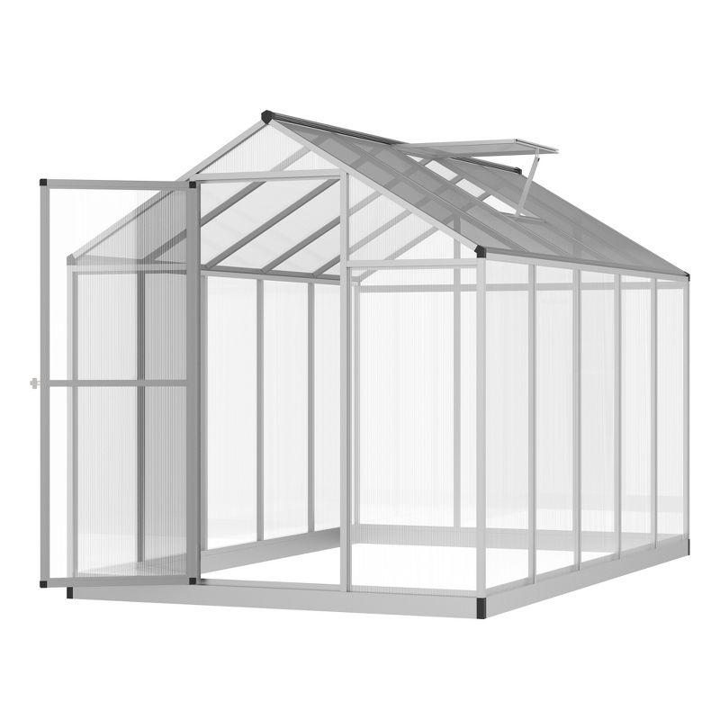 Outsunny Walk-In Polycarbonate Greenhouse with Roof Vent for Ventilation & Rain Gutter, Hobby Greenhouse for Winter