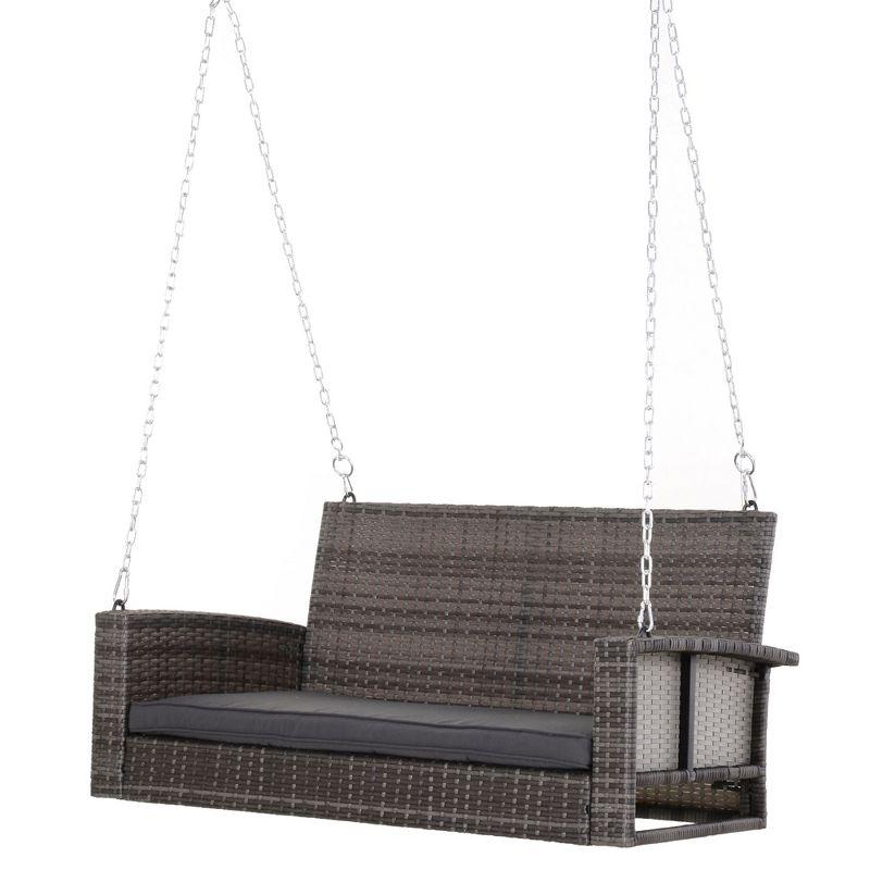Outsunny 2-Person Wicker Hanging Porch Swing Bench, Front Porch Swing Outdoor Chair with Cushions 550lbs Weight Capacity for Backyard, Garden, gray