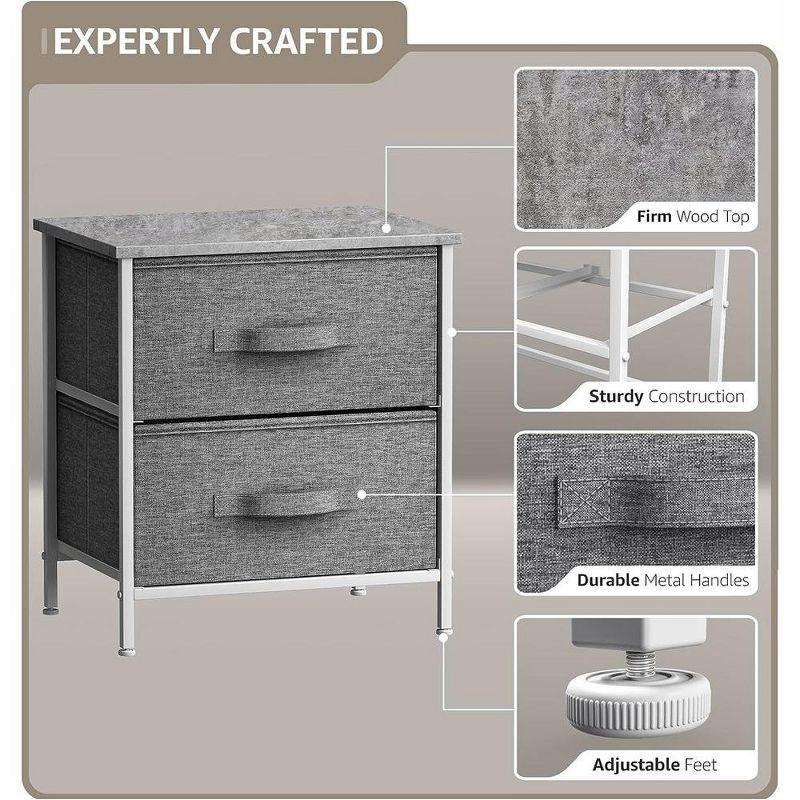 Compact Grey Fabric 2-Drawer Nightstand with Foldable Storage