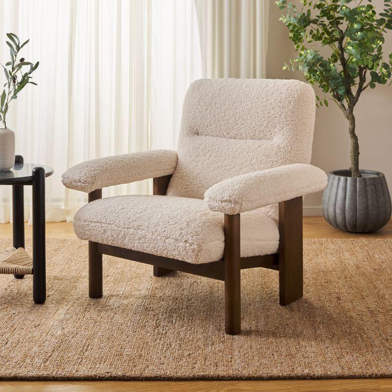 Cream Faux Shearling and Brown Wood Accent Chair