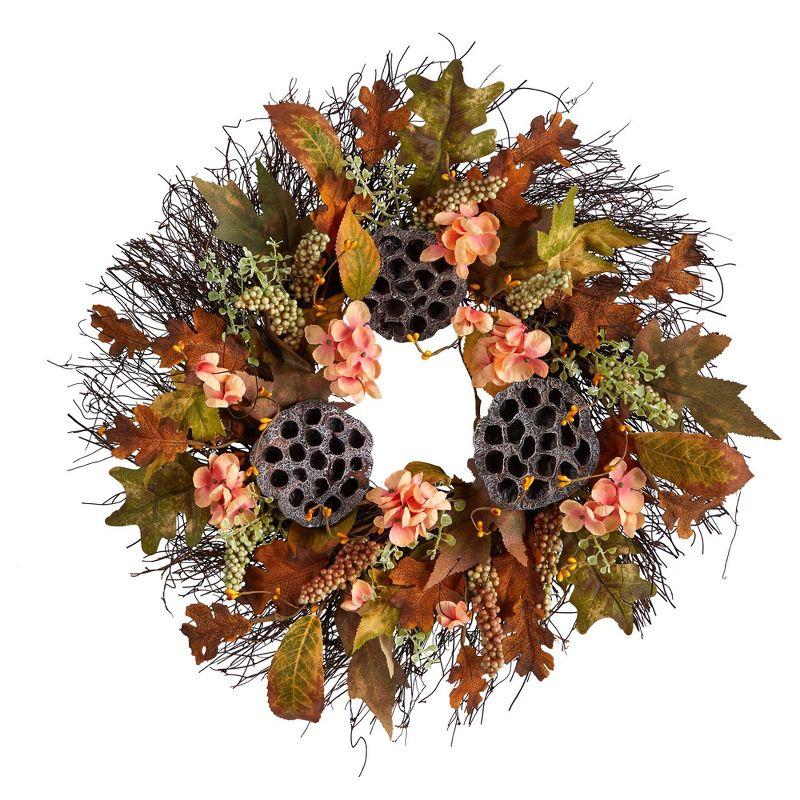 Autumn Hydrangea and Dried Lotus Pod 22" Artificial Fall Wreath