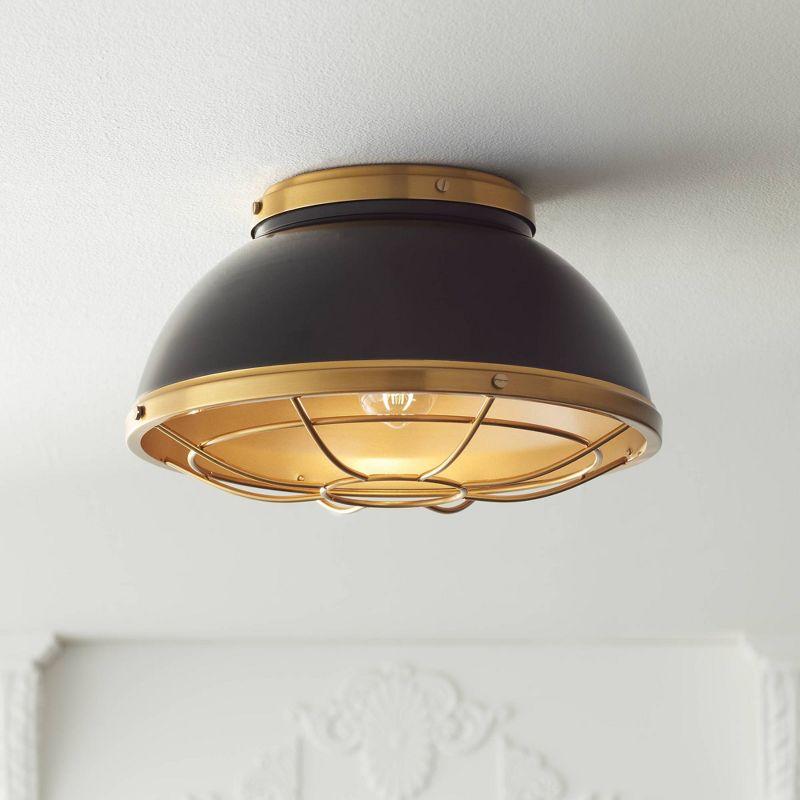 Modern 18" Black Glass Bowl Ceiling Light with Brass Accents