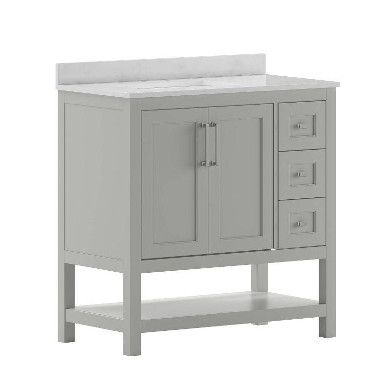 Taylor & Logan 36" Vivien Bathroom Vanity with Open Shelf and 3 Drawers Gray: Stoneware Top, Wood Frame, Single Basin