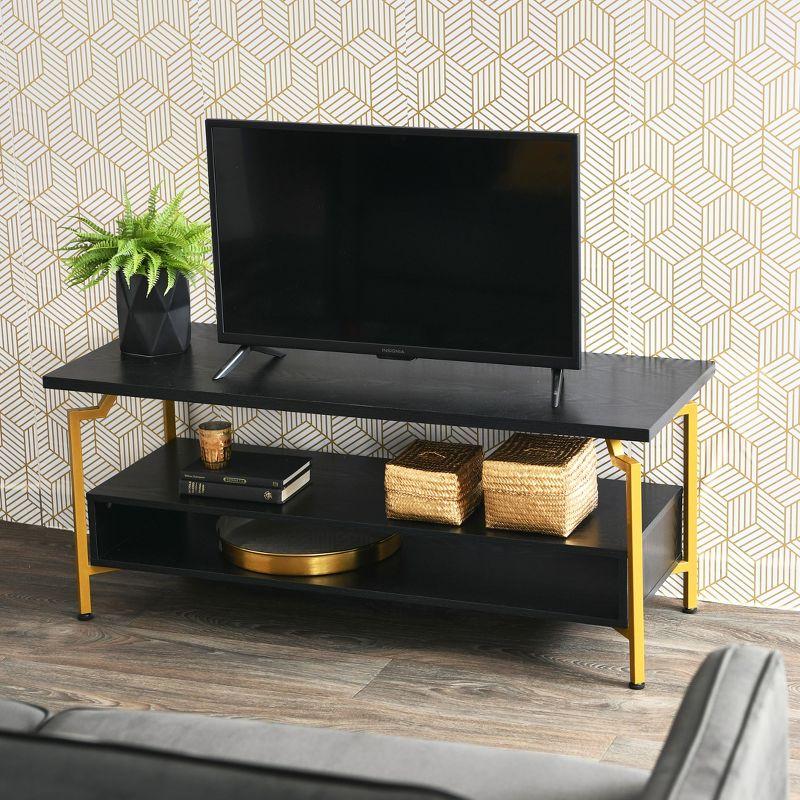 Household Essentials Crown TV Stand with Storage Compartment Black Oak Wood Grain and Gold Metal