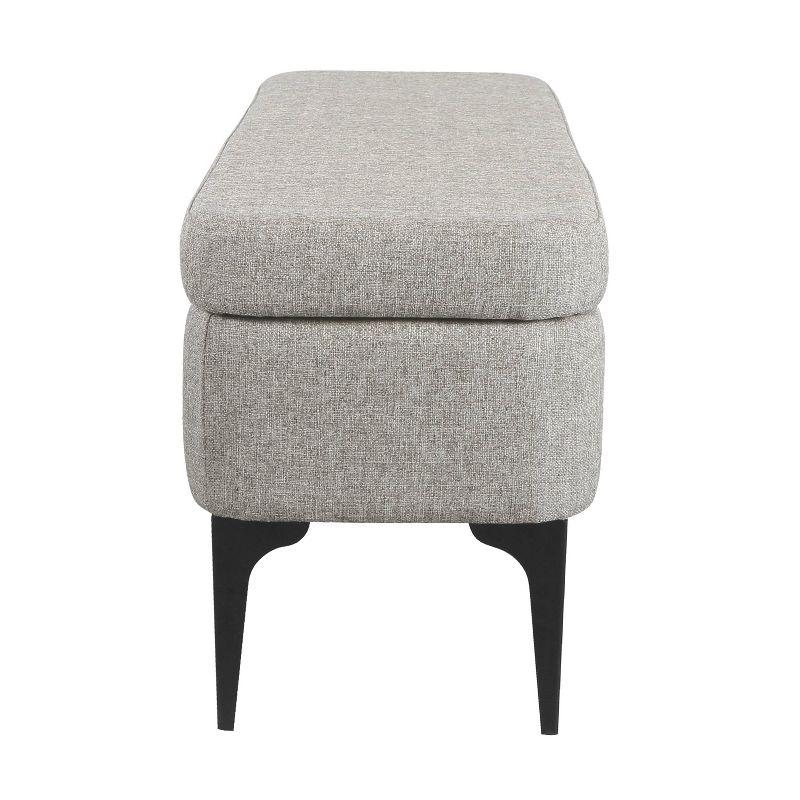 Large Gray Upholstered Storage Bench with Black Metal Legs