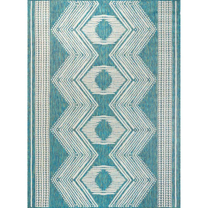 Geometric Light Brown and Green Synthetic Indoor/Outdoor Rug