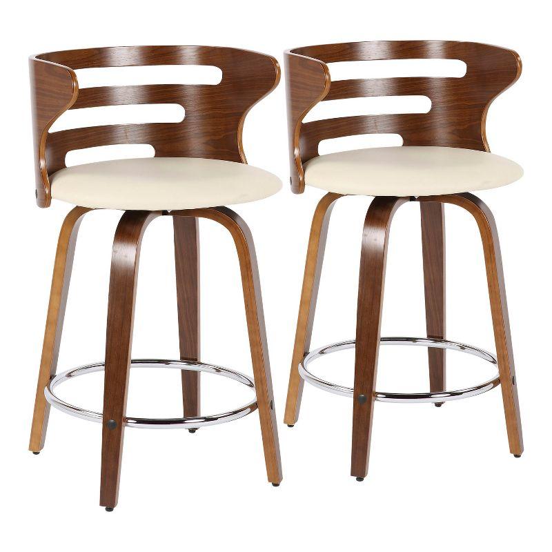LumiSource Set of 2 Cosini Upholstered Counter Height Barstools Cream/Walnut: Swivel, Wood Legs, Faux Leather